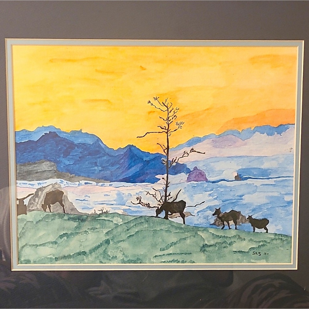 Original Watercolor Painting signed by SAS 2011 Landscape Mountains Lake Animals